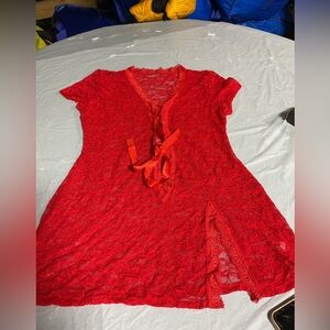 Red Lace Tie-Front Tunic Top